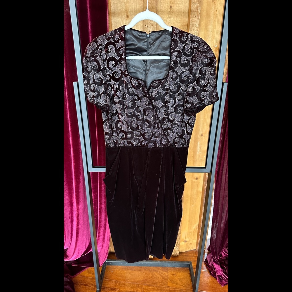 Vintage inspired Burgundy velvety and silver sparkly dress